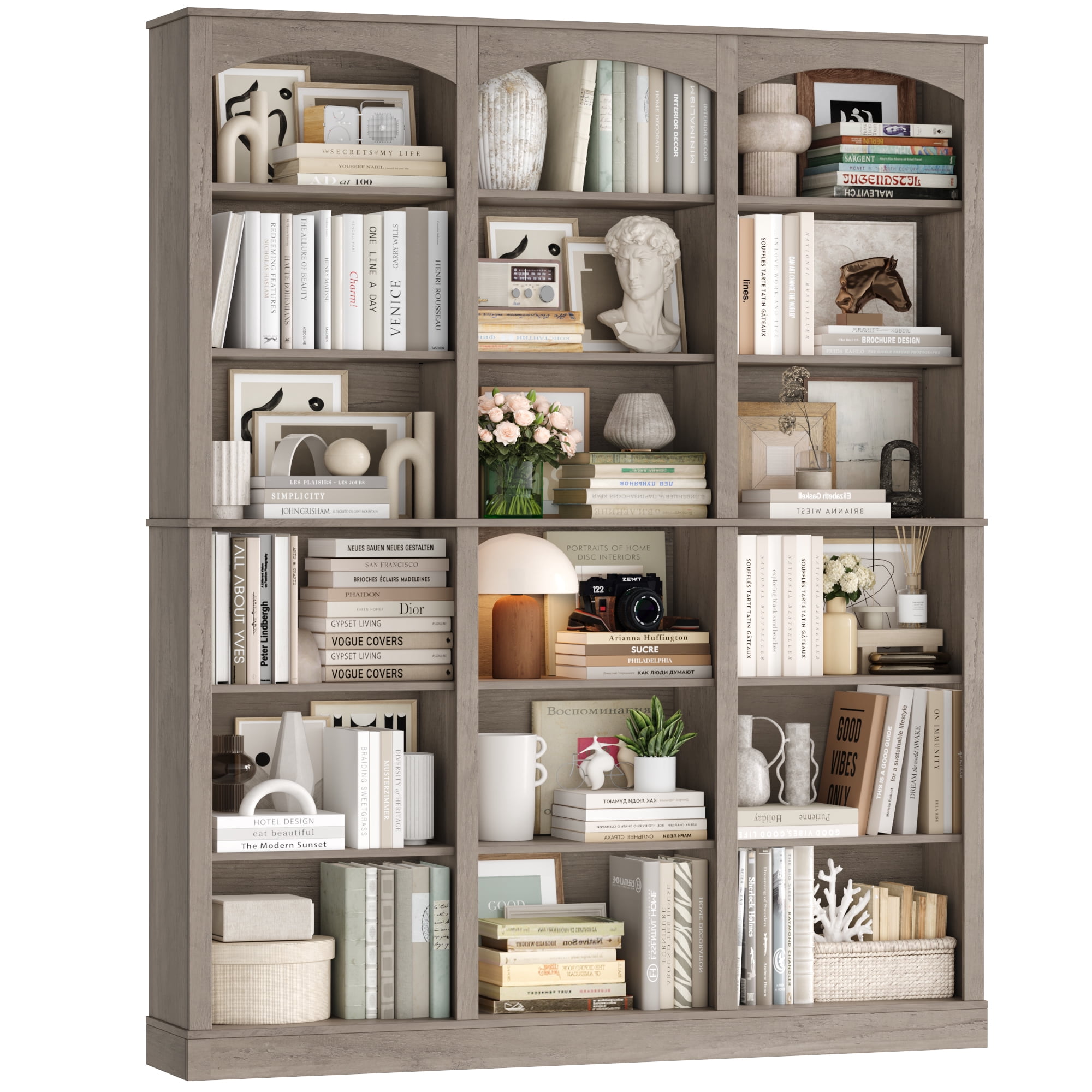 Homfa 18-Cube Bookcase and Bookshelves, 71.2" Triple Width 6 Tier Freestanding Arch Library Cabinet for Home Office Living Room, Wash Gray
