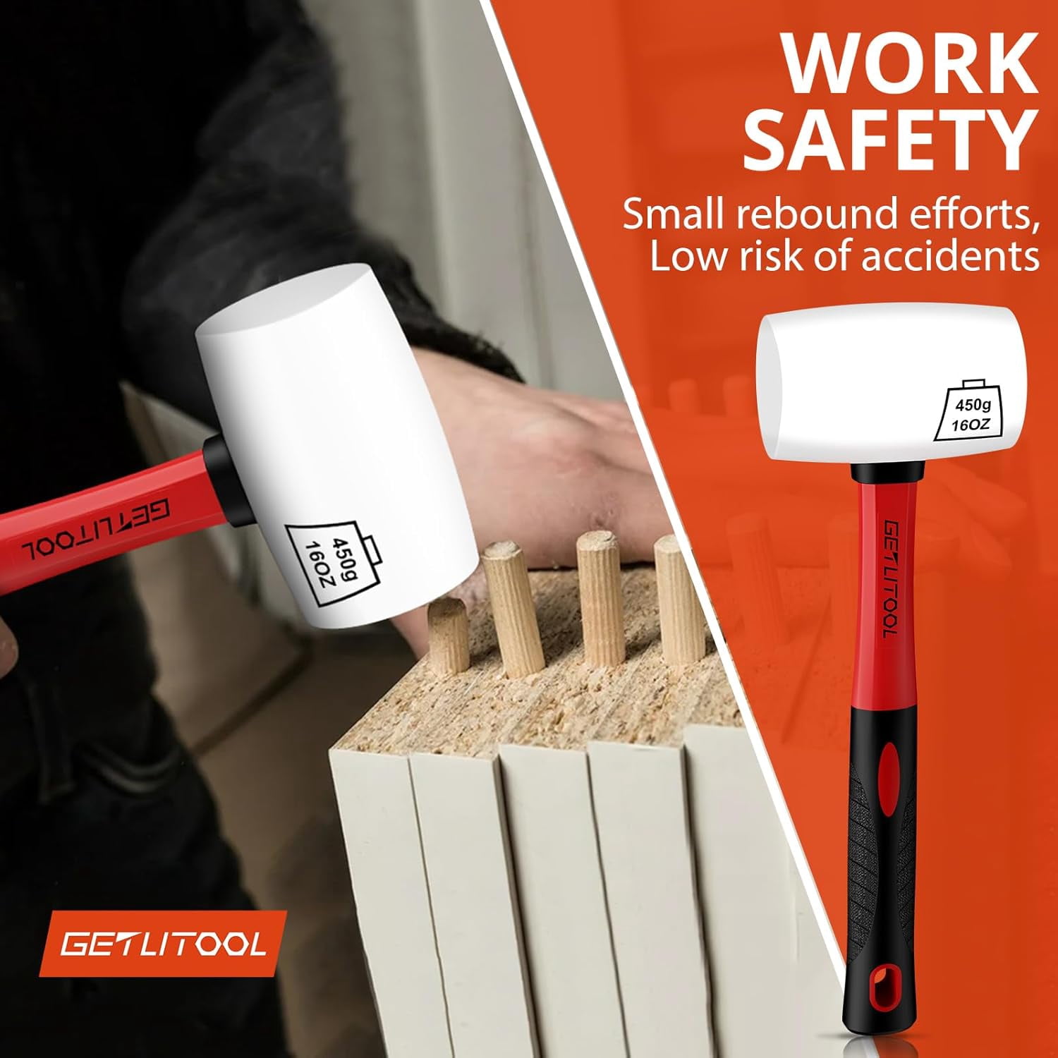 GETLITOOL Rubber Mallet Black/White 16oz, Non-Marking Rubber Mallet Hammer ⌀=55mm with Two Sides, Rubber Hammer with Non-Slip Fiberglass Handle for Camping, Flooring/Tiles Install, Woodworking