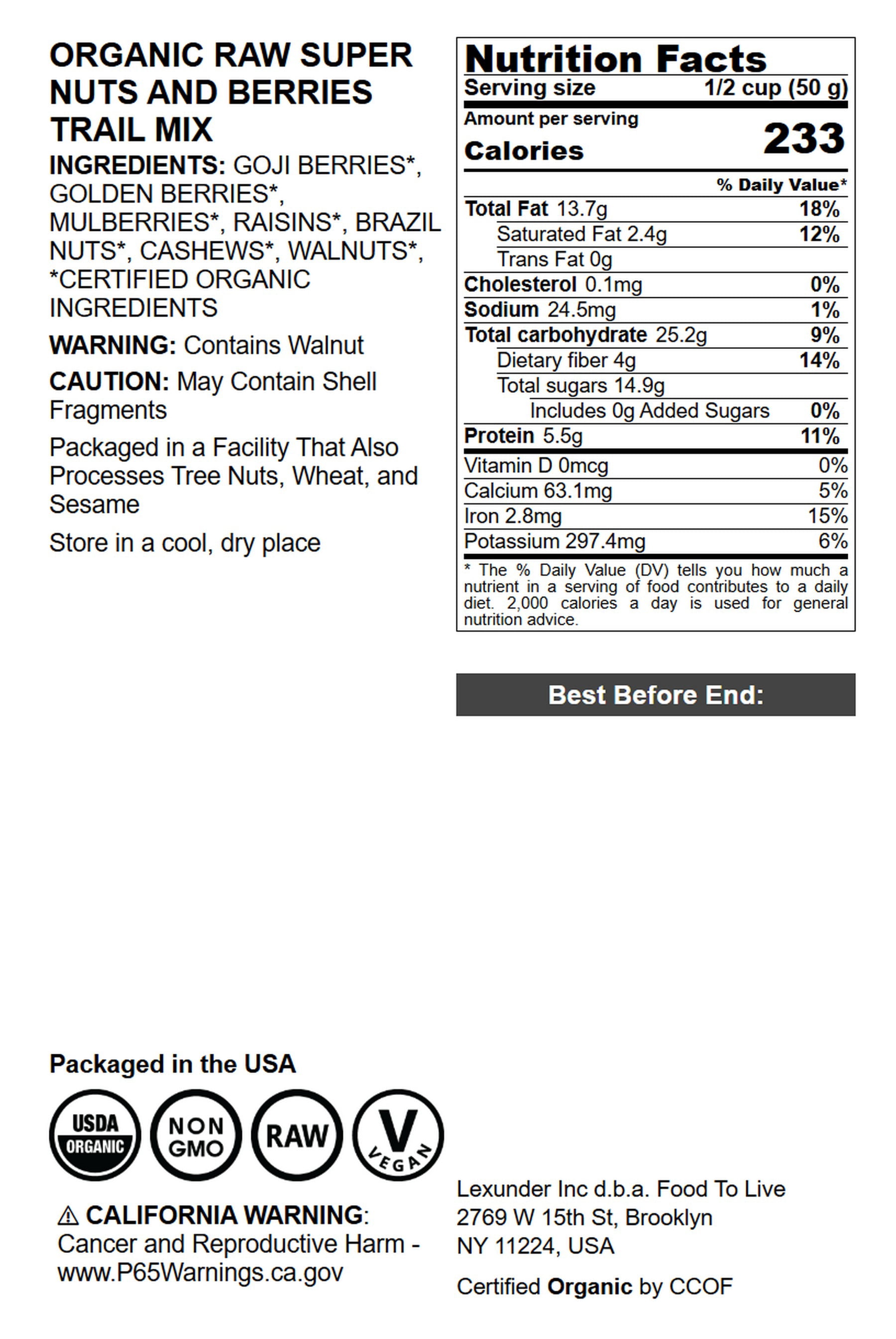 Organic Raw Super Nuts and Berries Trail Mix, 1 Pound — Non-GMO, Raw, Vegan — by Food to Live