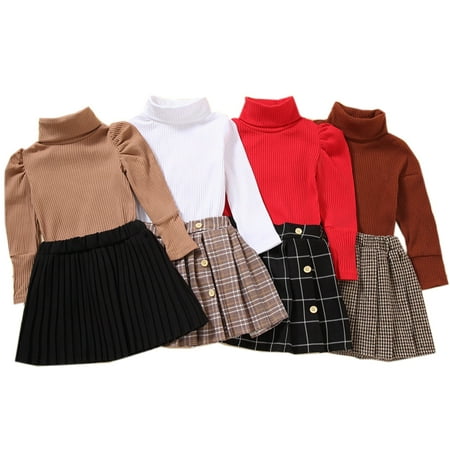 

Kids Baby Girls Two-piece Outfits Set Solid Color Turtleneck Knitwear Tops Sweater + Pleated Skirt 0-5T