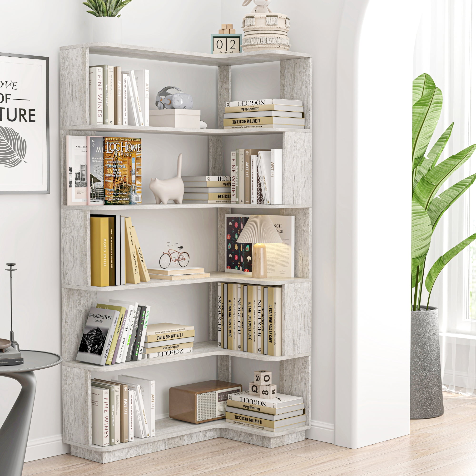 Leumius 5 Tier Freestanding Bookshelf,Wooden L-Shaped Corner Bookcase with Anti-drop Panel and Anti Tipping Device, Display shelf Open Storage,Light Gray