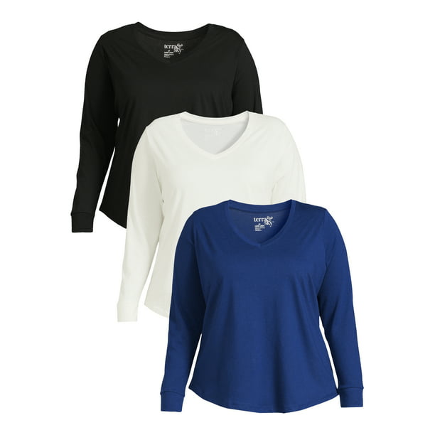 Terra & Sky Women's Plus Size Long Sleeve V-Neck T-Shirt, 3-Pack ...