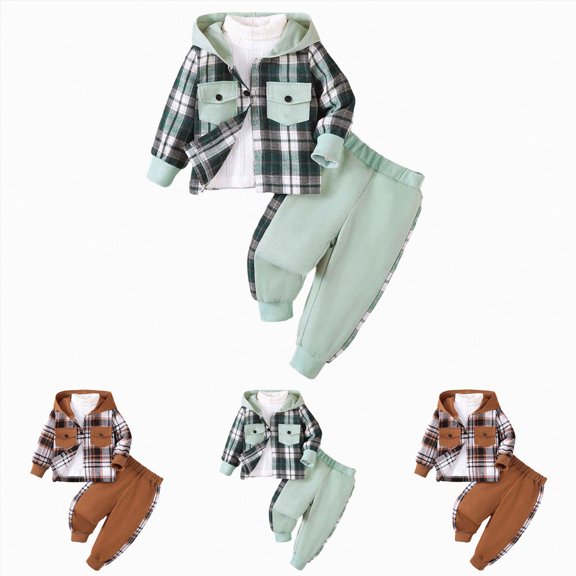 Toddler Baby Boy Clothes Long Sleeve Hoodie Plaid Flannel Shirt And Pants Set Fall Winter Outfits Back to School Boys' Set 18-24 Months Brown