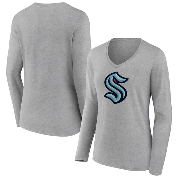 Women's Heather Gray Seattle Kraken Primary Logo Team Long Sleeve V-Neck T-Shirt