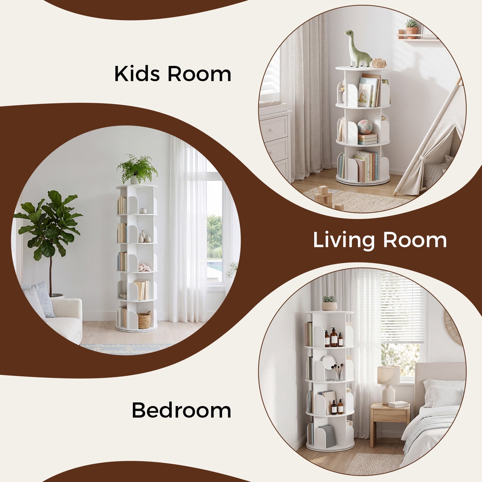 CONCETTA 4-Tier Rotating Bookshelf, 360° Spinning Bookcase with Safety Guard, Space-Saving PVC Storage for Bedroom, White