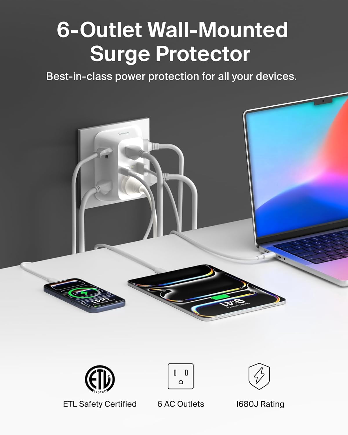 Belkin 6-Outlet Sur Protector Power Strip, USB-C & USB-A Ports w/ USB-C PD Fast Char, ETL-Listed, Wall-Mountable w/ 6 AC Outlets, Overvolta Protection, LED Indicator, 1,680 Joules of Protection
