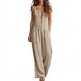 thumbnail image 2 of Tqyyweavej Women's Casual Overalls Sleeveless Button Down Deep V Neck Rompers Pleated Straight Leg Jumpsuits with Pockets, Linen Pants Women, 2 of 8