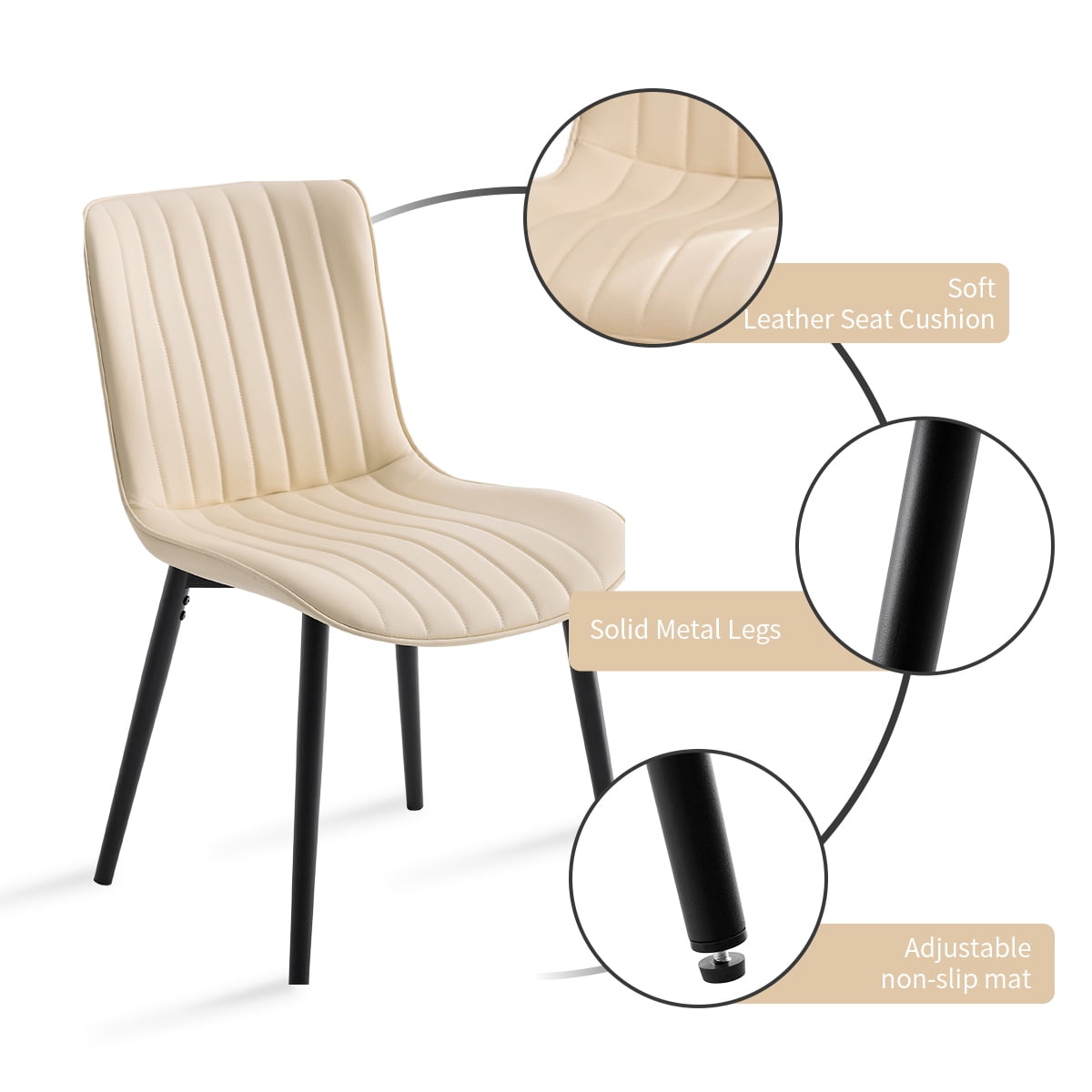 L'AGRATY Modern Dining Chairs Set of 6, High Back PU Leather Upholstered Kitchen Chairs with Cushion - Heavy Duty Metal Legs for Dining Room, Restaurant, Cafe (Beige)