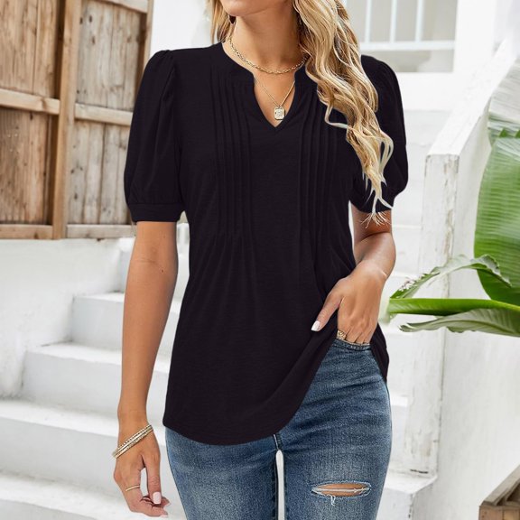 Womens T Shirts Womens V Neck Tops Puff Short Sleeve T Shirt Pleated Floral Printed Tunic Blouse Shirts Tops for Women