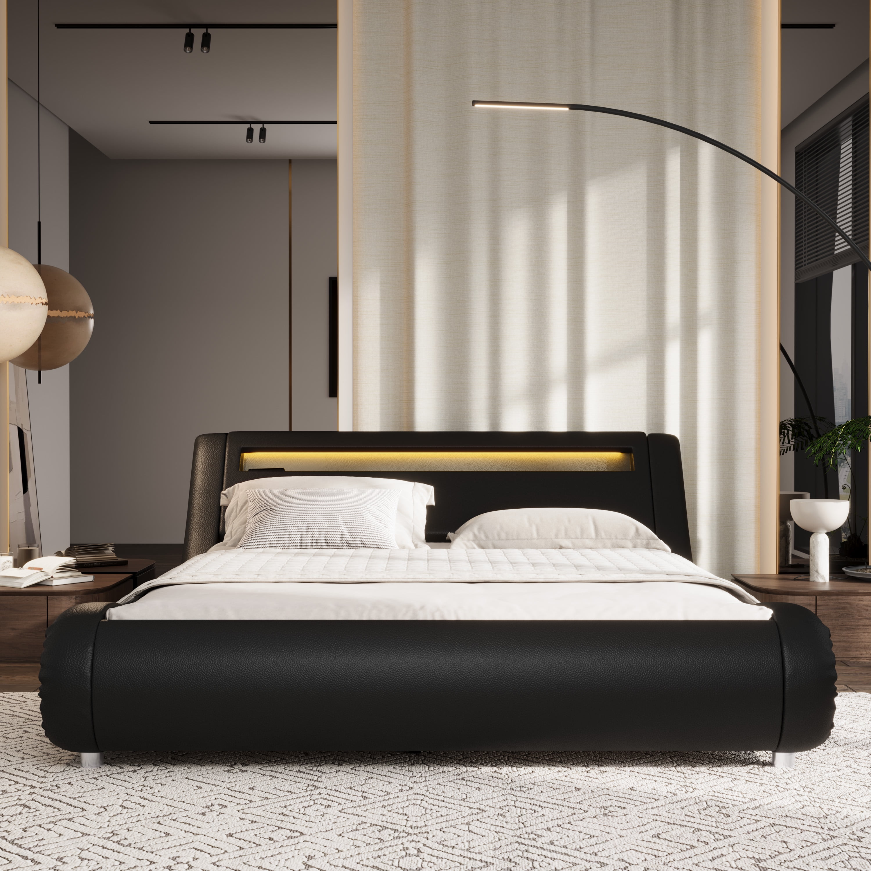 Sifurni Queen size Wave-Like Curve Deluxe Upholstered Modern Bed Frame with LED Headboard, Black