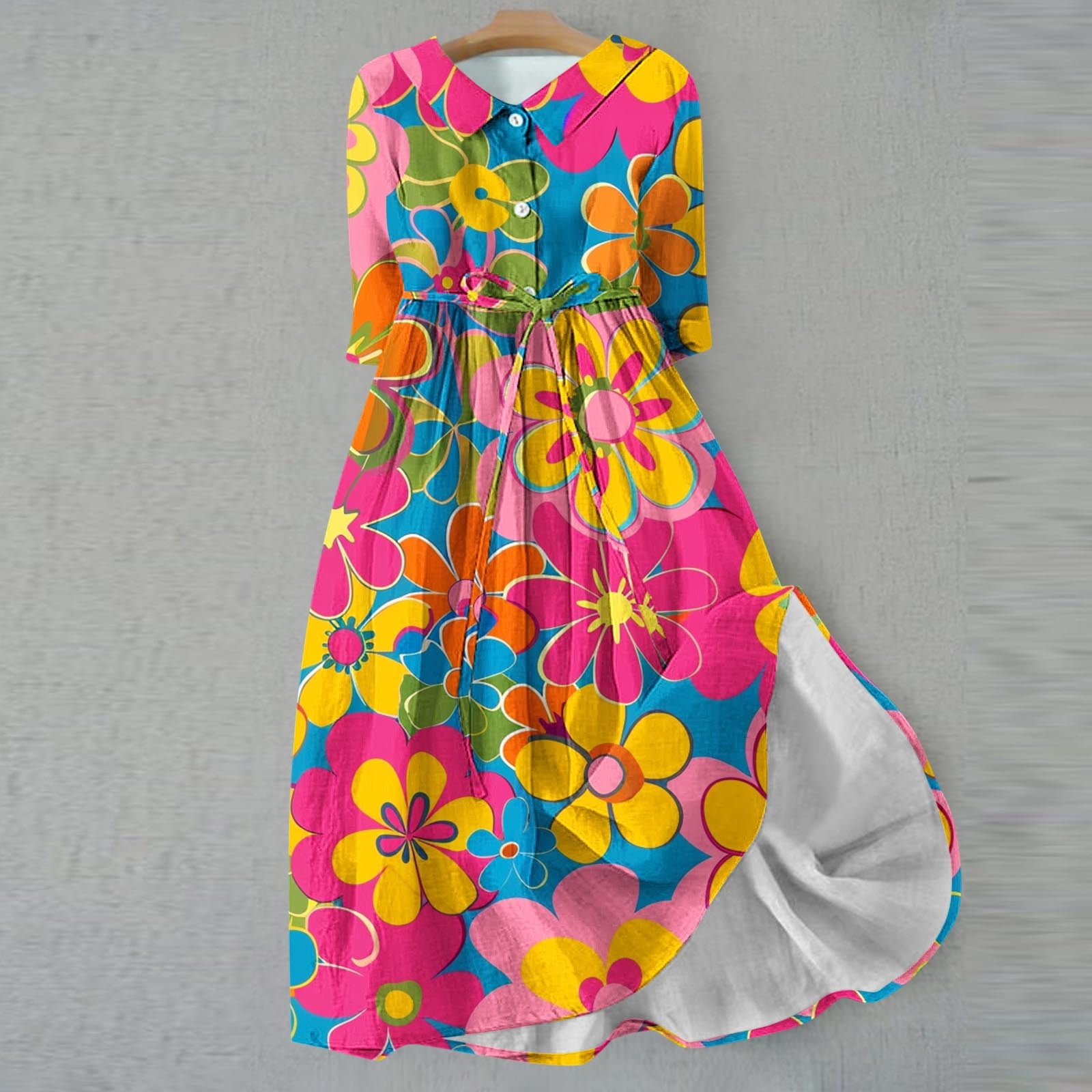 HAPIMO Women's 3/4 Sleeve Spring Summer Tea Length A Line Dress Lapel V Neck Button Flowy Fall Dress Floral Boho Workout Elegant Casual Drawstring Fashion Pink XXL