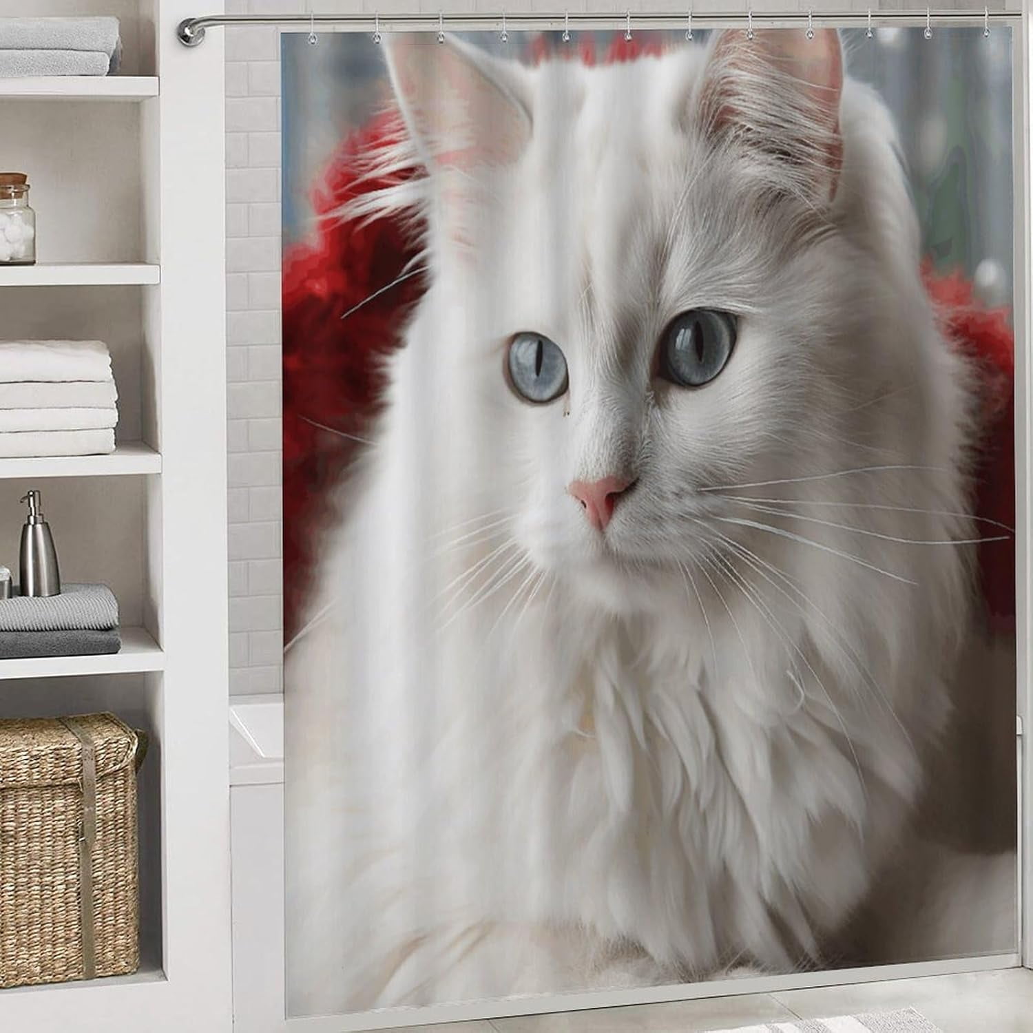 Bathroom Set,Cute White Cat Print Bathroom Rug Set,Bath Rug Set 4 Piece,Modern Shower Curtain Set with Shower Curtainand 12 Hooks, Style