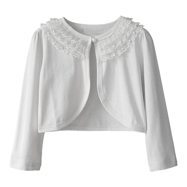 MeetoTime Boléro Léger pour Filles à Manches Longues, Cardigan en Coton pour Enfants, Couvre-Robe Bordé de Dentelle