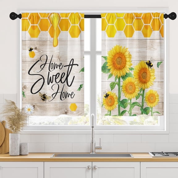 Yellow Sunflower Flower Kitchen Curtains, Summer Bee Boardshort Window Curtains Set of 2, Window Treatment Tier Curtains for Kitchen Over Sink Bathroom Dining Room Decor (26x36 Inch)