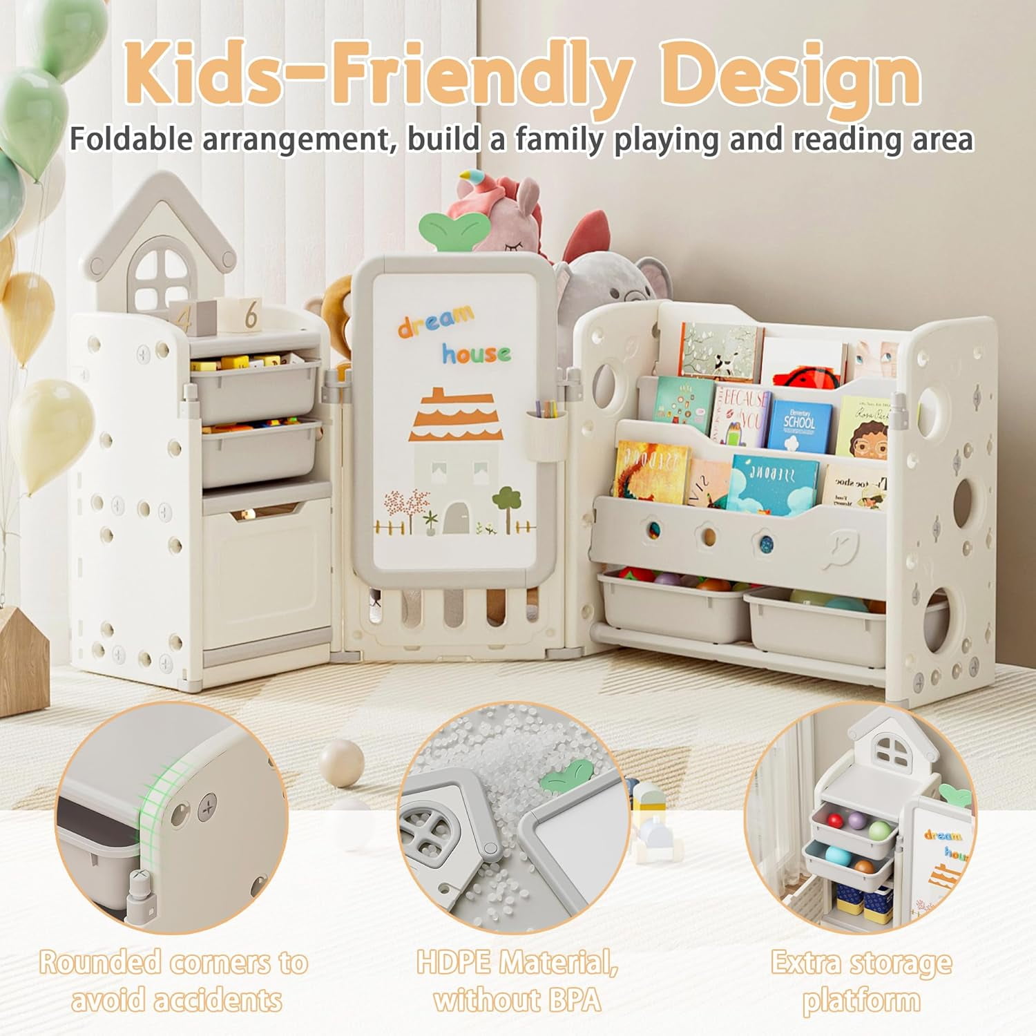 Kids Toy Storage Organizer with 10 Removable Bins, NEORIVER Foldable Toy Organizers and 3-Tier Bookshelf, White