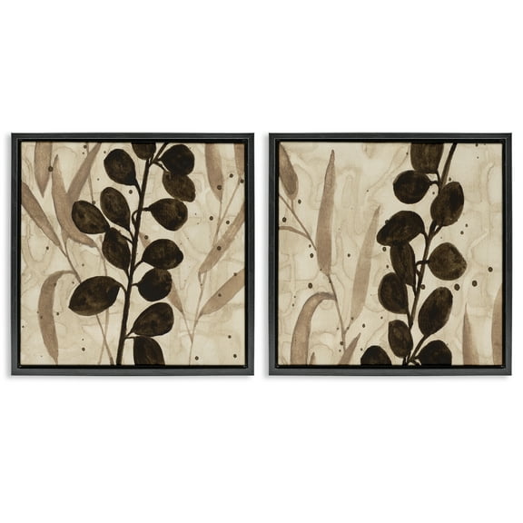 Stupell Industries Natural Tone Sprouting Leaves Floral Painting Black Floater Framed Canvas Art Print Wall Art, 18 x 18, Set of 2