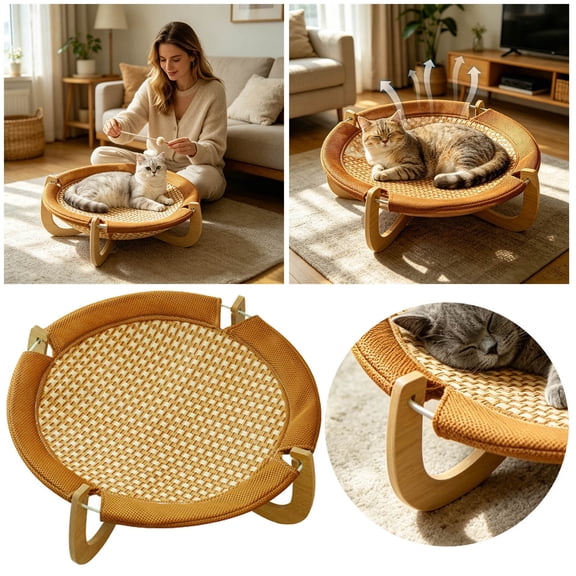 Elevated Wooden Cat Dog Bed, Breathable Mesh Hammock Pet Cot for Indoor Outdoor, Raised Bed for Puppy Bunny Small Animals, Portable Cat Furniture