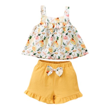 

Infant Baby Girl Clothes Baby Girls Summer Outfits Sleeveless Suspender Floral Top Shorts 2PCS Set Yellow 9-12 Months