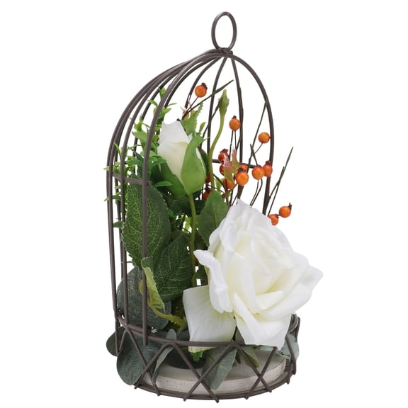 unbranded 2 pcs Festival Bird Cage with Simulation Rose Adornment Dining Table Decor (White)