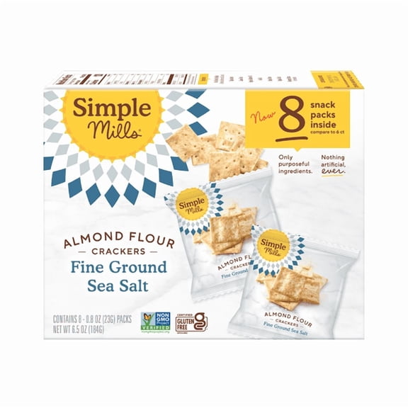 2 Pack - Simple Mills Almond Flour Crackers, Fine Ground Sea Salt Snack Crackers Snack Packs, 0.8 oz, 8 Count