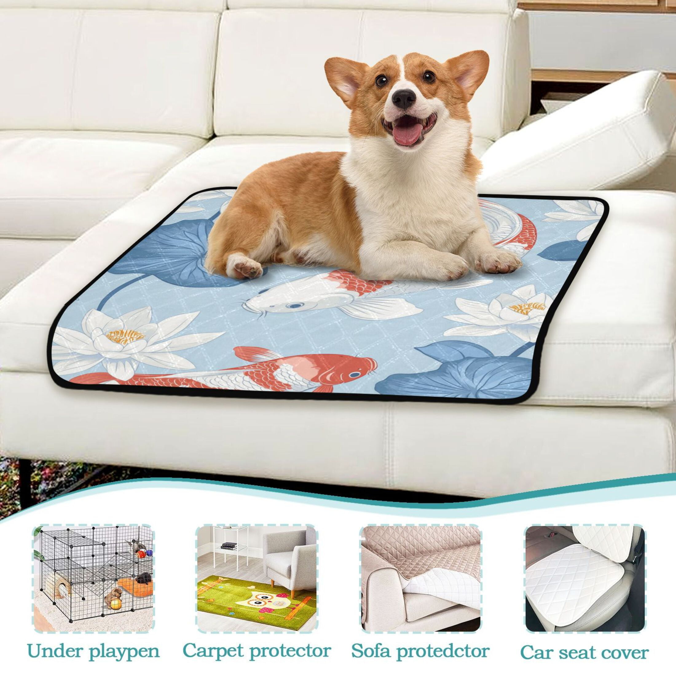 Qxltty Seamless Pattern Of White and Red Koi Fish Cat litter Pads Pet Set of 3 Diaper Mats Center Anti-leakage Layer Absorbent Soft and Comfortable