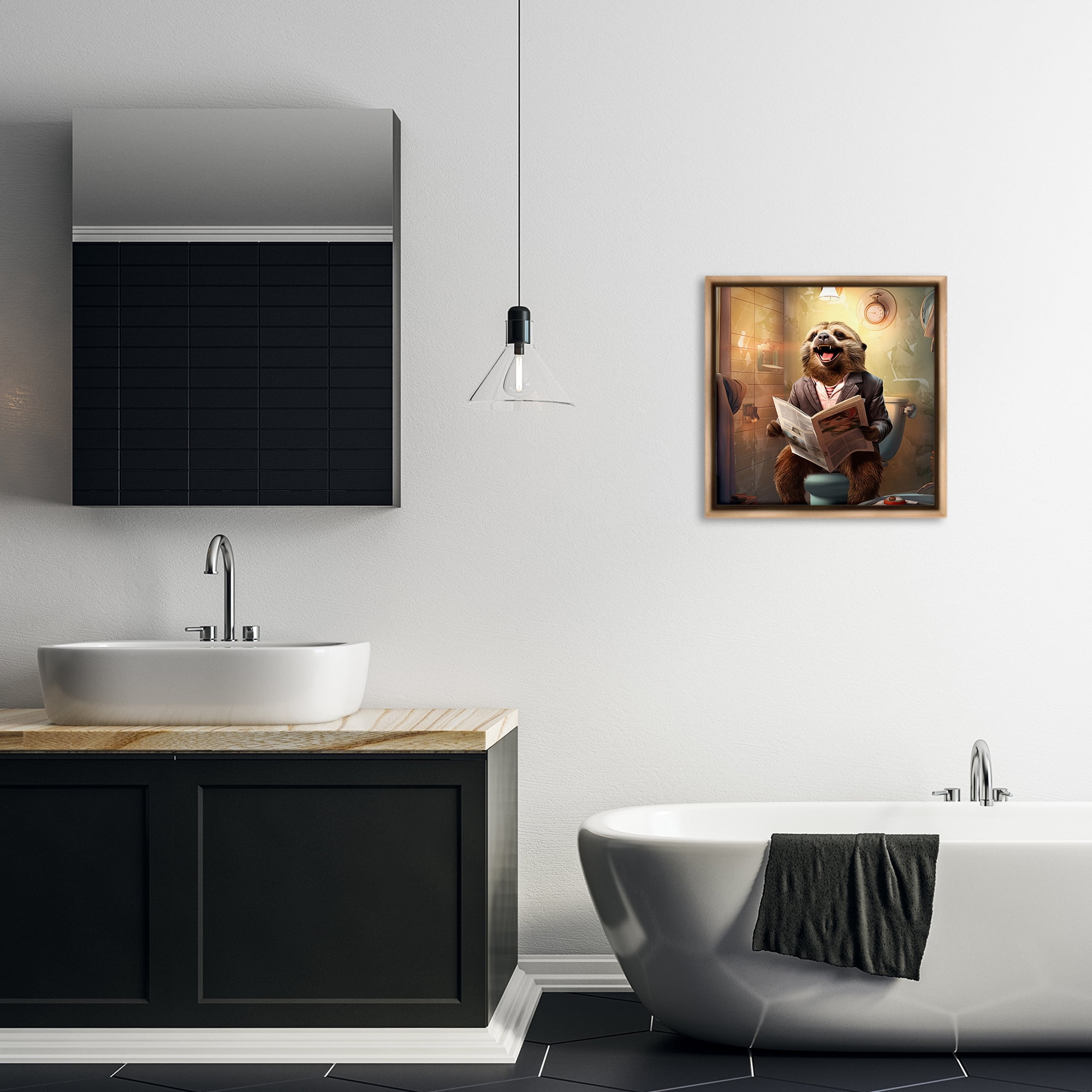 Stupell Industries Smiling Sloth on Toilet Typography Painting Brown Floater Framed Canvas Art Print Wall Art, 18 x 18