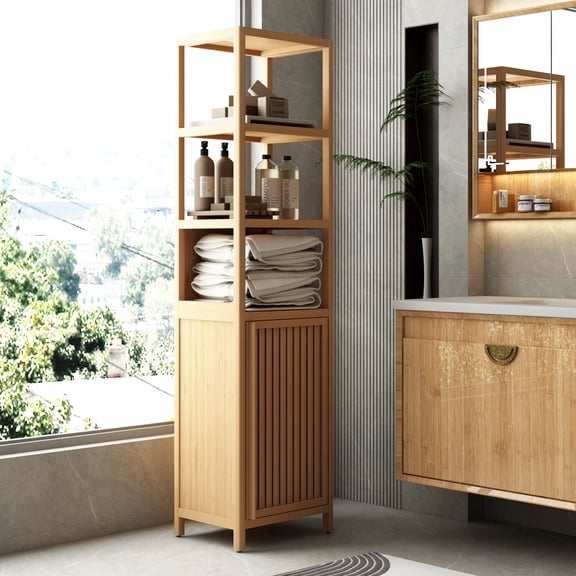 GDF Studio 64.7" Tall Bamboo Storage Cabinet with Slatted Door and 3-Tier Shelves, Natural