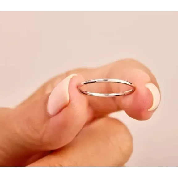 14K White Gold Finish Round Wedding Band Ring Round Thin Band Ring