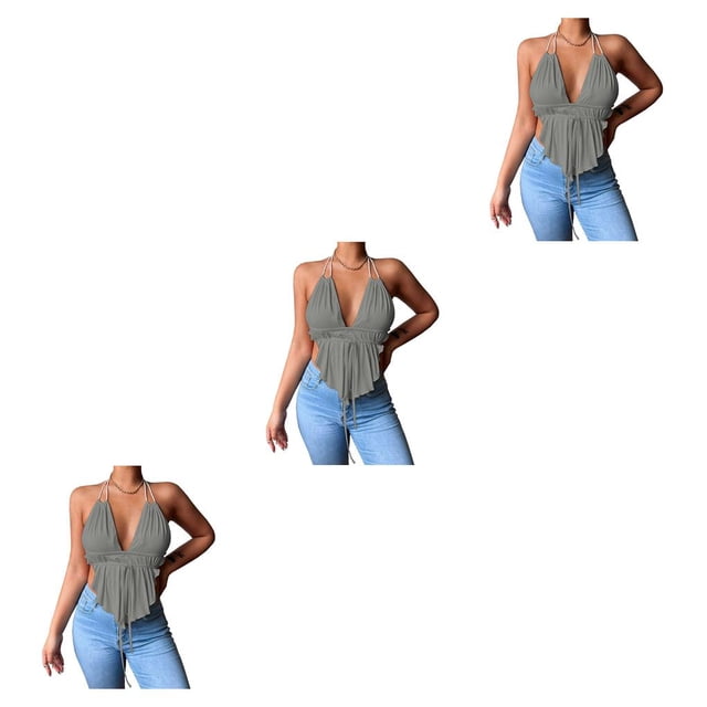 Sonducket Chaleco con escote en V profundo Camisola de color sólido Sin espalda Sin mangas Camisa corta para niñas Ropa de moda de noche de Gris M 3piezas