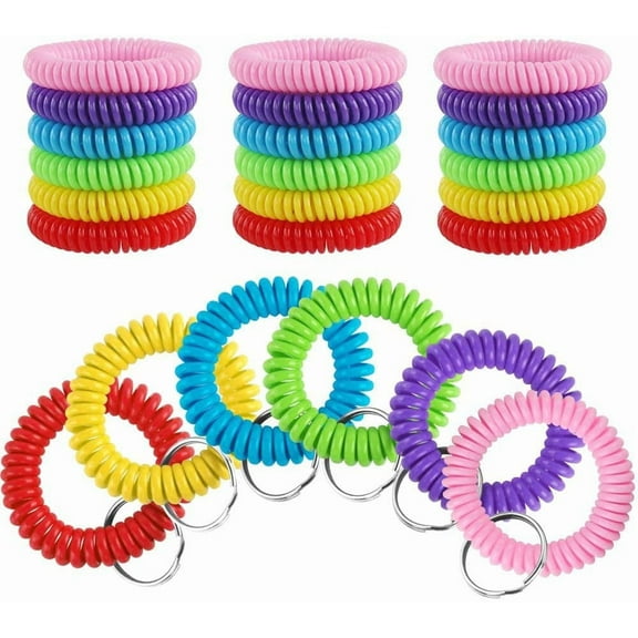 30 Pcs Wrist Keychains, Plastic Coil Bracelet Spring Spiral Keychain Wrist Coil Key Chain (6 Colors)