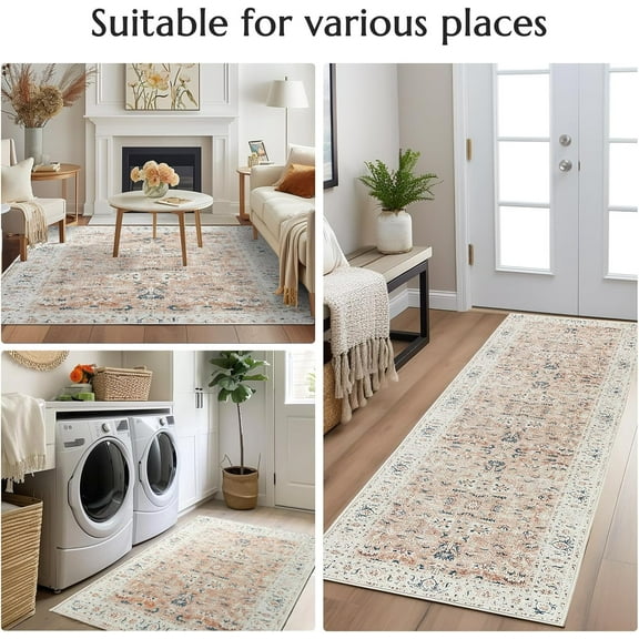 Vintage Floral Hallway Runner Rug - 3' x 8' Distressed Pink Non-Slip Bathroom Carpet for Laundry Room, Bedroom & Stairway