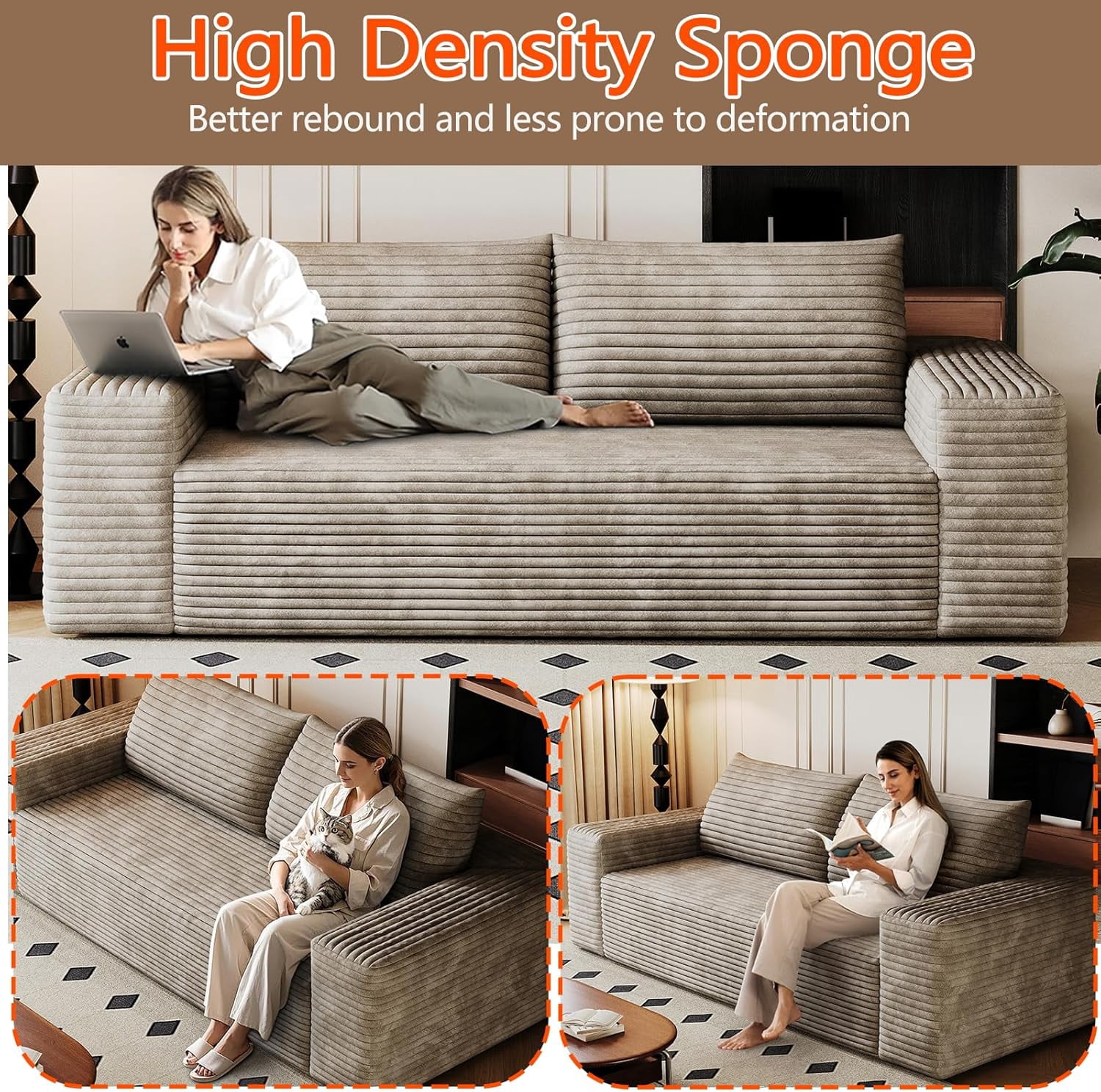 71" Corduroy Loveseat Sofa, 3-Seater Cloud Couch, Boneless Sofa in a Box with Deep Seat Memory Foam, No Assembly Required,Camel