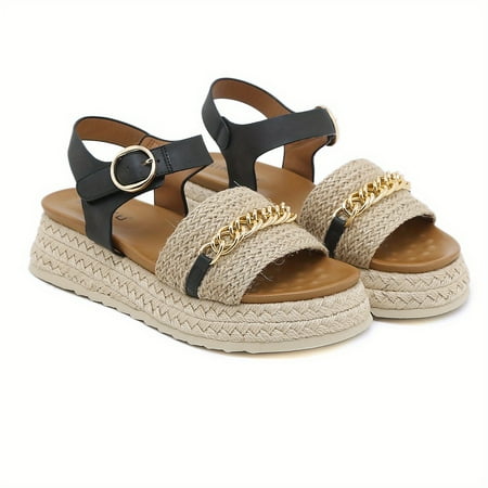 

Women‘s Wedge Heeled Sandals Open Toe Round Toe Platform Ankle Strap Metal Chain Decor Sandals Women‘s Metal Buckle Decor Footwear
