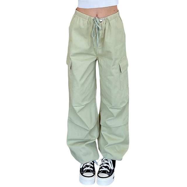 xiaxaixu Women Baggy Pants Solid Color Drawstring Waist Cargo Pants Multiple Pockets Jogger Pants