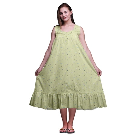 Bimba Greenish Beige8 Galaxy Stars & Moon Sleeveless Night Gown For Womens Cotton Printed Nightwear Ladies Sleepwear Small