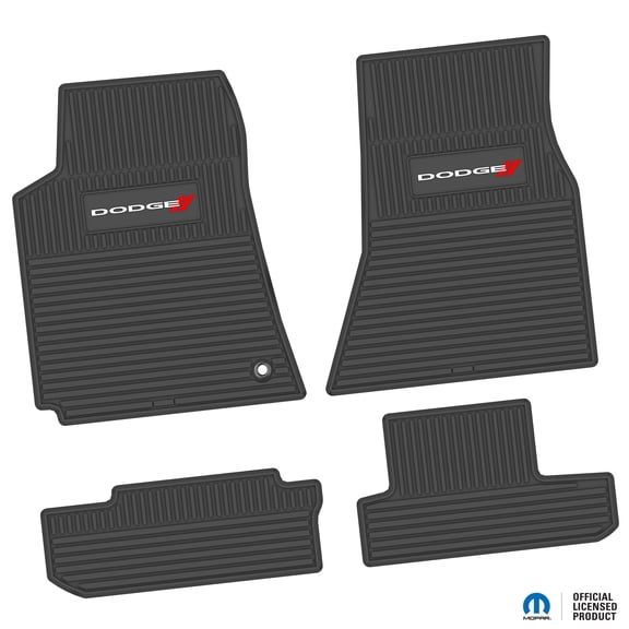 Flextread Floor Mats for 08-10 Dodge Challenger RWD - Mopar Licensed Factory Fit - Black w/ White 'Dodge' and Red 'Stripes' Insert - Custom Vintage - 100% Made in USA