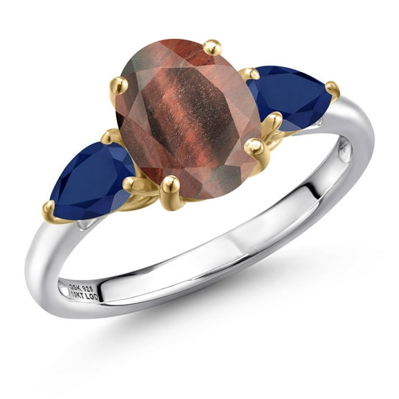 Gem Stone King 925 Silver and 10K Yellow Gold Red Tiger Eye and Blue Sapphire Engagement Ring for Women | 2.50 Cttw | Oval 9X7MM | Gemstone Birthstone | Size 9