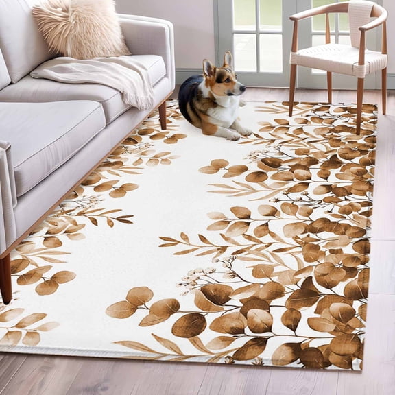 Rectangle Area Rugs 3 x 5 Ft, Brown Yellow Eucalyptus Leaves Non-Slip Residential Carpet, Watercolor Spring Summer Botanical Indoor Crawling Mats Runner Rugs for Living Room/Dining Room/Bedroom