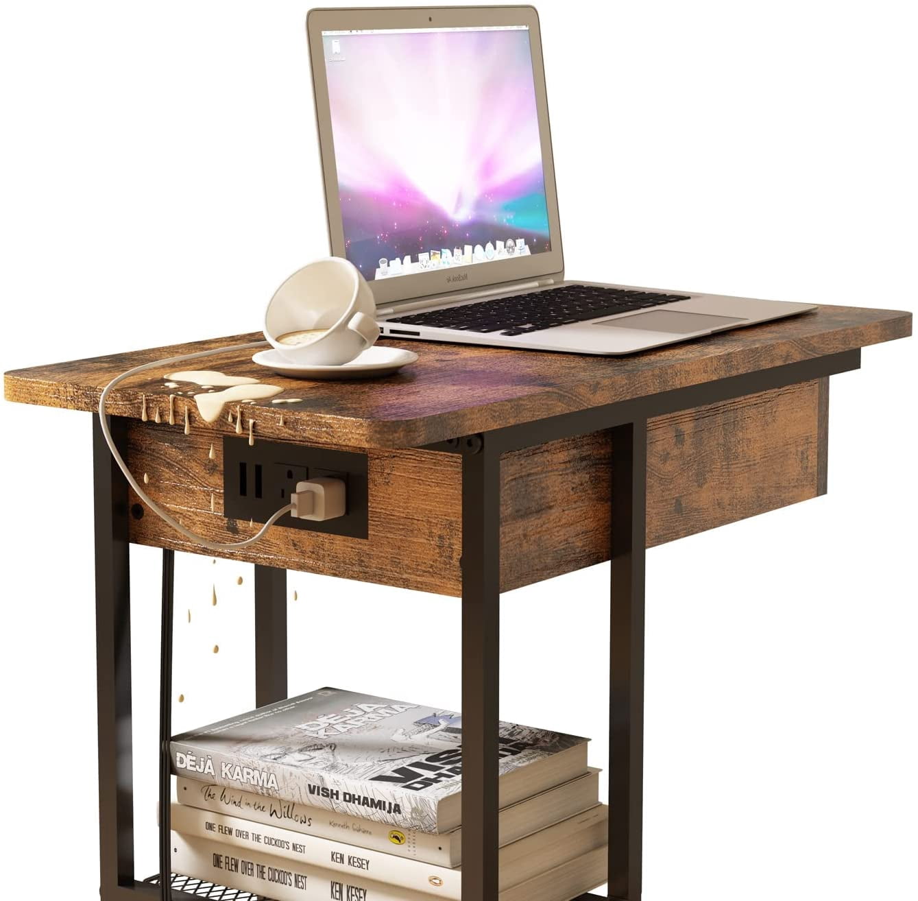 Oumilen Western Home Side Flip Top C Shaped End Table with Build-In Fast Charging Station with USB Ports, in Rustic Burnt Wood