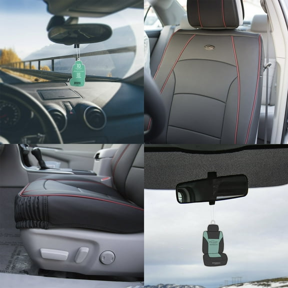 FH Group Car Seat Cover Leatherette Luxury Bucket Pair Seat Covers Black Red Trim w/ Air Freshener