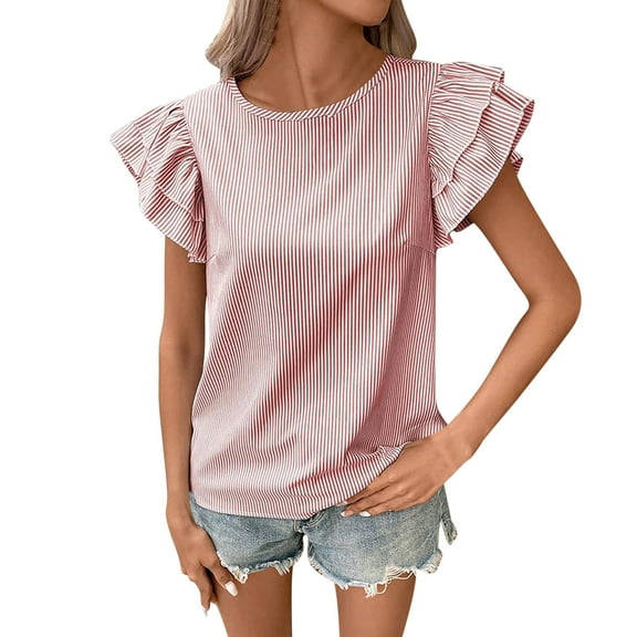 Lenpel Women's Summer Tops Trendy Cotton Ruffle Cap Short Sleeve Crew Neck Striped T-Shirts Casual Tee Blouses