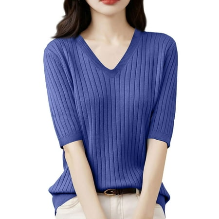 Summer Tops For Women  Spring Loose Knit Sweater Bottom Shirt V Neck Pullover Half Sleeve Solid Color Top Womens Casual Sequin Basic Woman Tank Top Corset Tops Tank Tops (L  Royal Blue) Unbranded