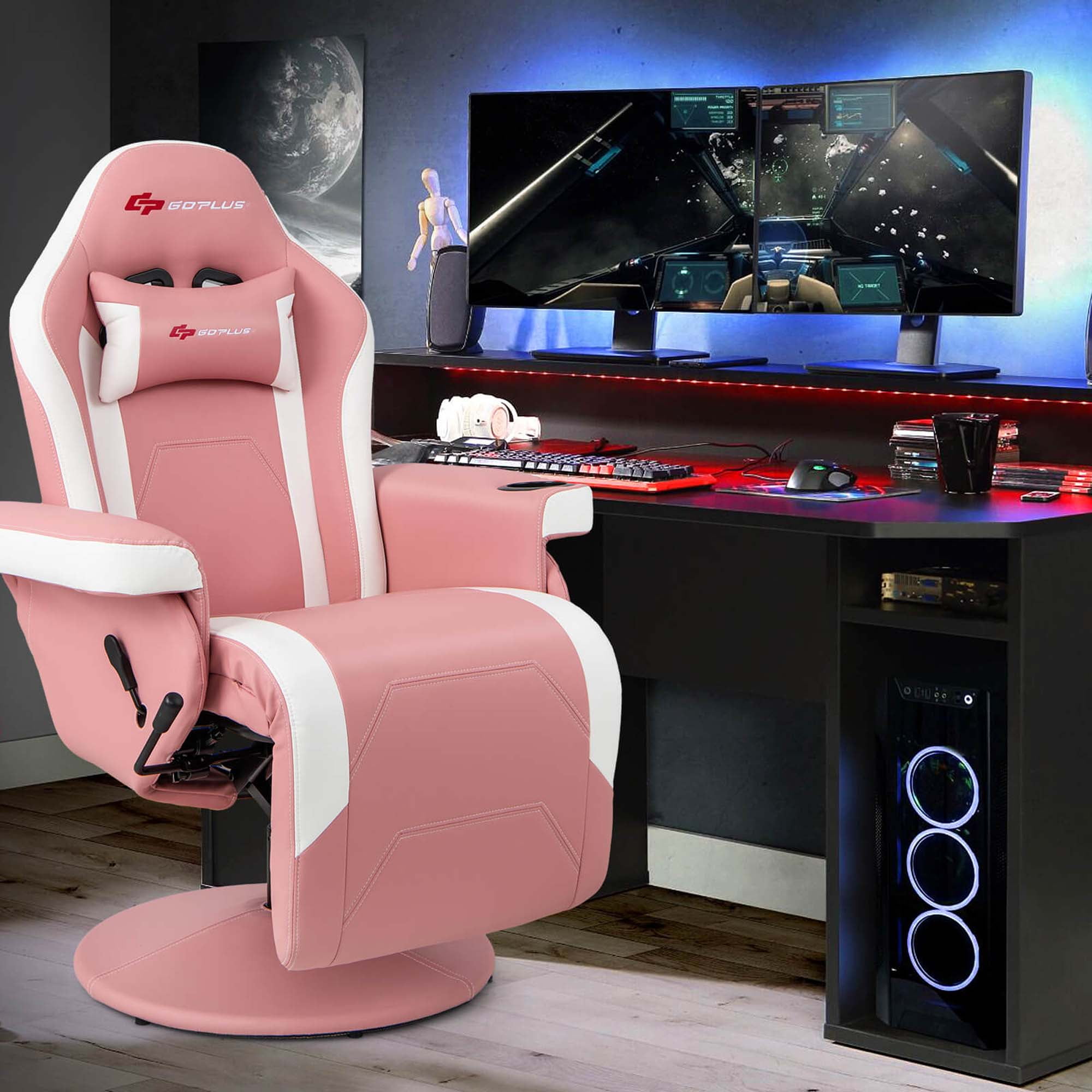Goplus Massage Gaming Recliner Height Adjustable Racing Swivel Chair with Cup Holder Pink
