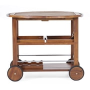 Rayan Outdoor Dark Oak Acacia Wood Bar Cart with Shiny Powder Coated Aluminum Accents