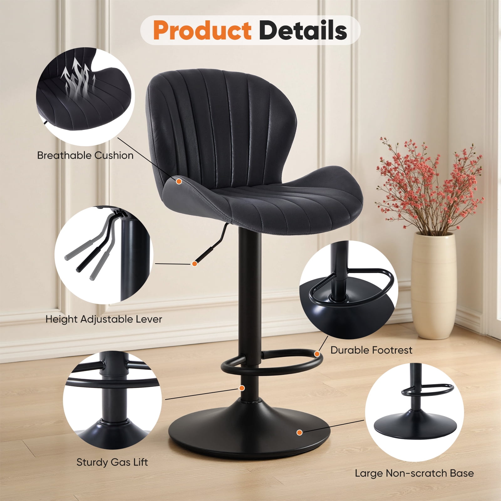 EDX Bar Stools Set of 2, Modern Adjustable Armless Swivel Counter Stools with PU Leather, Black