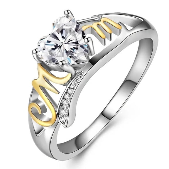 Two Tone Mom Heart Cubic Zirconia Ring for Women, Love Heart Solitaire Ring with Engraved Mom Letter, Mother's Day Jewelry Gift size 7