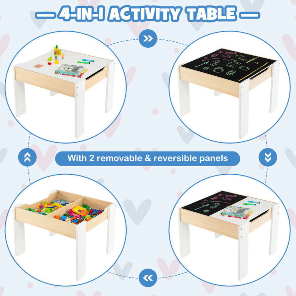 Canddidliike 4-in-1 Wooden Activity Kids Table and Chairs with Storage and Detachable Blackboard-White, Kids Table for Arts & Crafts, Snack Time, Homeschooling, Homework