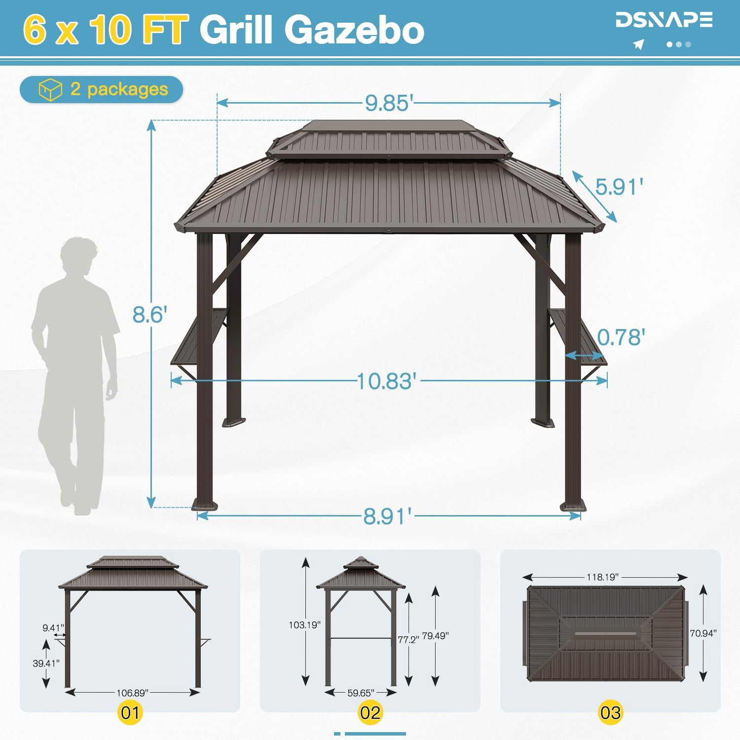 Richryce 10' x 6' Grill Gazebo with Double Galvanized Steel Roof, Outdoor Metal BBQ Gazebo Hardtop Permanent Grill Canopy with Side Shelves and Ceiling Hooks for Patio Garden (Brown)