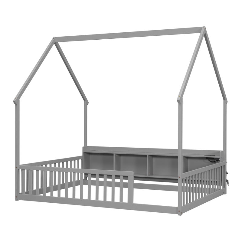 Full Size House-Shaped Canopy Bed with Roof, Wood Kid's Floor Bed Frame with Storage Shelves, LED Lights & Charging Station