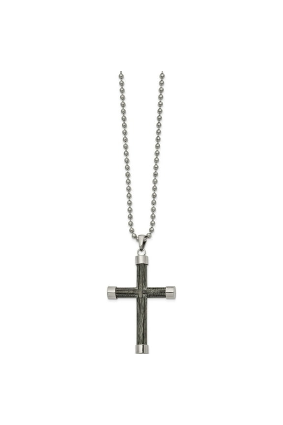 Stainless Steel Polished With Gray Wood Inlay Cross 24In Necklace (24 X 31.17) Made In China srn2632-24